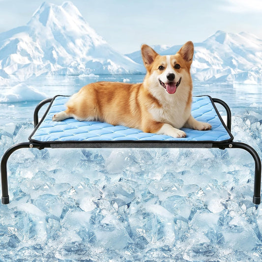 SZEE Elevated Dog Bed, Cooling Dog Cot Bed, Support up to 80 LBS for Medium Breeds, with Durable Steel Frame, Reversible Ice Silk Mat & Sturdy Teslin Mesh, Outdoor & Indoor All-Season Use - M
