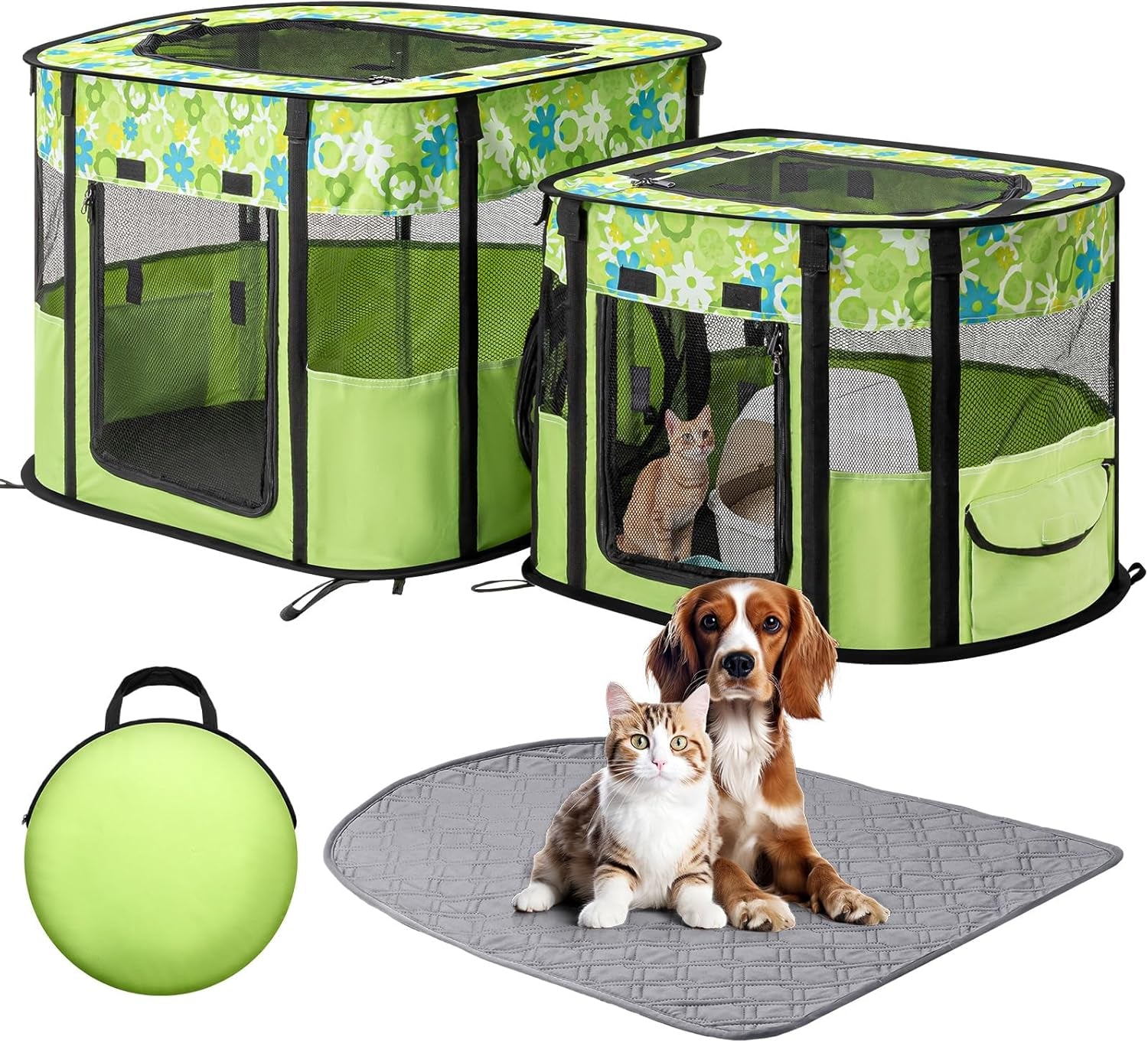 Portable Cat Playpen with Separate Areas, Foldable Indoor Outdoor Cat Enclosure, Portable Pet Tent for Kittens and Small Animals, Collapsible Tent Kennel Cage House with Tent Pegs and Carry Bag