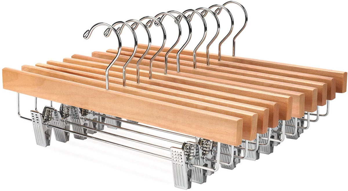 Nature Smile Wooden Pants Skirt Hangers with Clips, Natural, Pack of 10