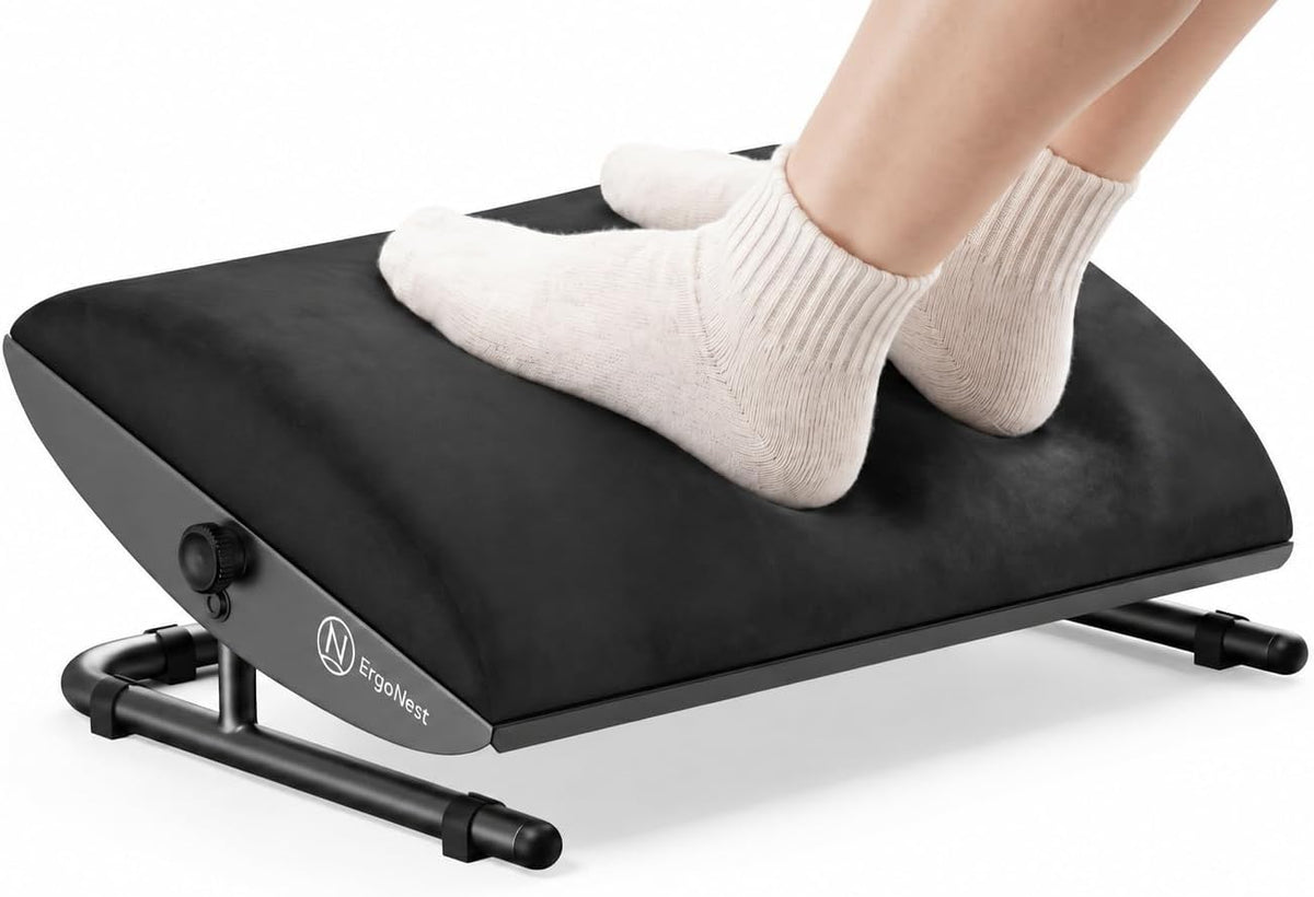 Under Desk Foot Rest – Adjustable Ergonomic Foot Rest with Steel Frame & Memory Foam Cushion, Soft Velour Finish for Superior Comfort, Designed to Improve Posture & Relieve Leg Pressure | Ergonest™