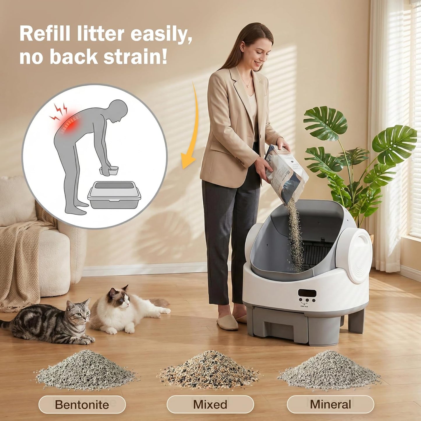 WARCAT Self-Cleaning Cat Litter Box, Open-Top Automatic Litter Box with Child Lock, 10L Large Capacity Waste Drawer, No APP Required, Includes Garbage Bags & Cleaning Mat (Gray)
