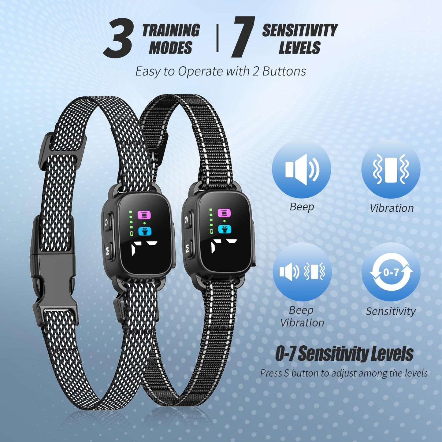 Anti Bark Collar for Small Dogs 2 Pack, No Shock Bark Collar with Beep & Vibration, 7 Sensitivity Levels, Smart Bark Detection, Rechargeable IP67 Waterproof Bark Collar for Small Dogs 5-30Lbs