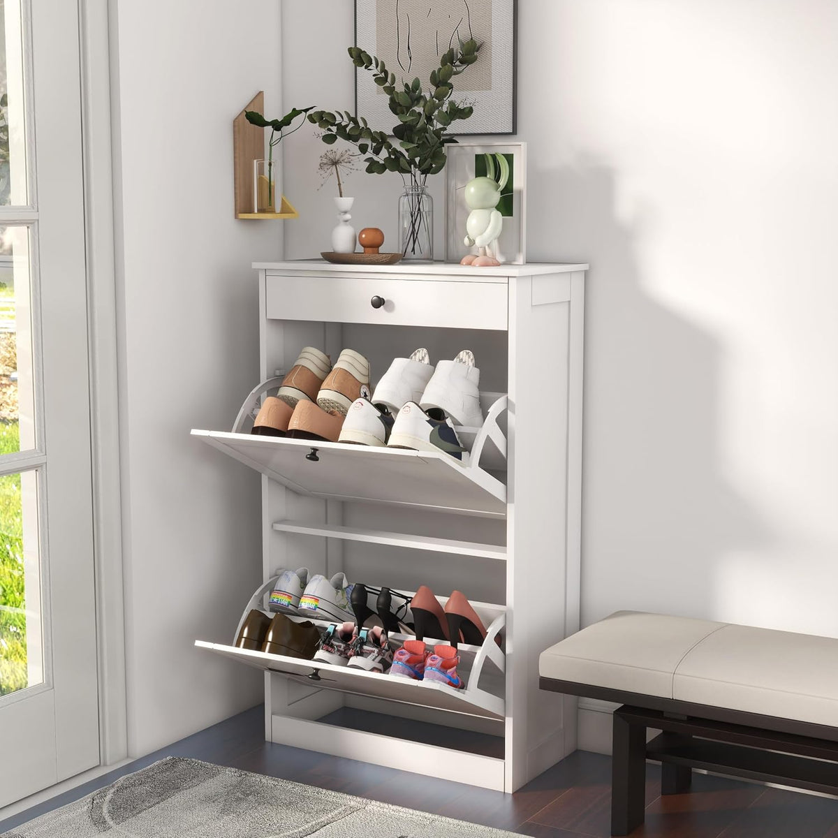 Ftzxhklx Shoe Cabinet with 2 Flip Drawers, Slim Shoe Storage Cabinet, White