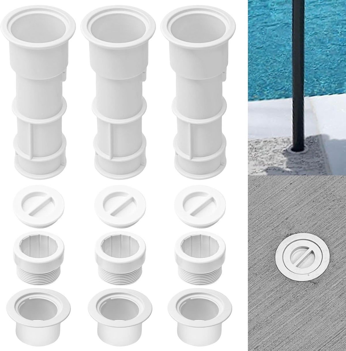 3 Pack US105 Umbrella Stand 7 1/2" with Sleeve and Center Cap for 1 1/2" - 1 3/4" Center Shafts, Ideal for Umbrellas, Volleyball Poles and Tiki Torches, Mounted on Floors, Steps / Outdoor Patio Decks