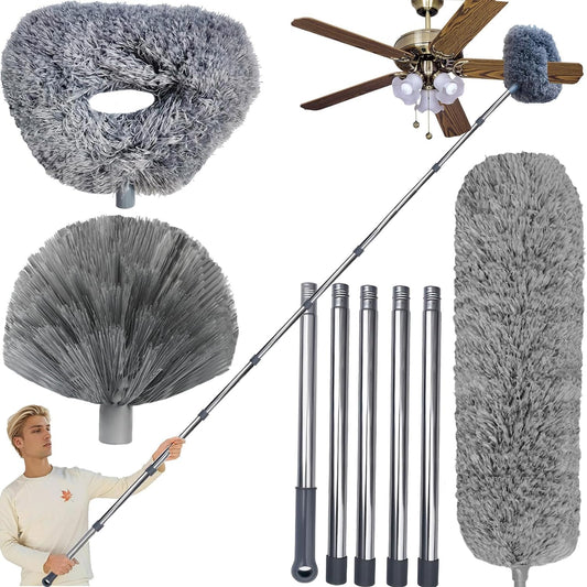 Tonmp 3 Pack 20+ Feet High Reach Grey Microfiber Feather Duster with 3-14 Ft Spliceable Pole Cobweb Duster for Cleaning Fan, Spider Web, High Ceiling, Blinds, Furniture Cleaning Tool Kit, Gray