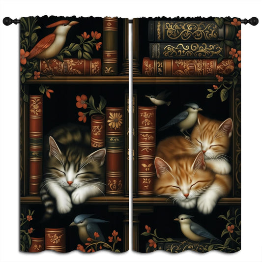 LHROOMJK Bookshelf Blackout Curtains for Boys Girl Bedroom Home Decor,Library Bookcase Book Cat Bird Floral Vintage Thermal Insulated Rod Pocket Darkening Living Room Window Drapes, 63 X 63 Inch