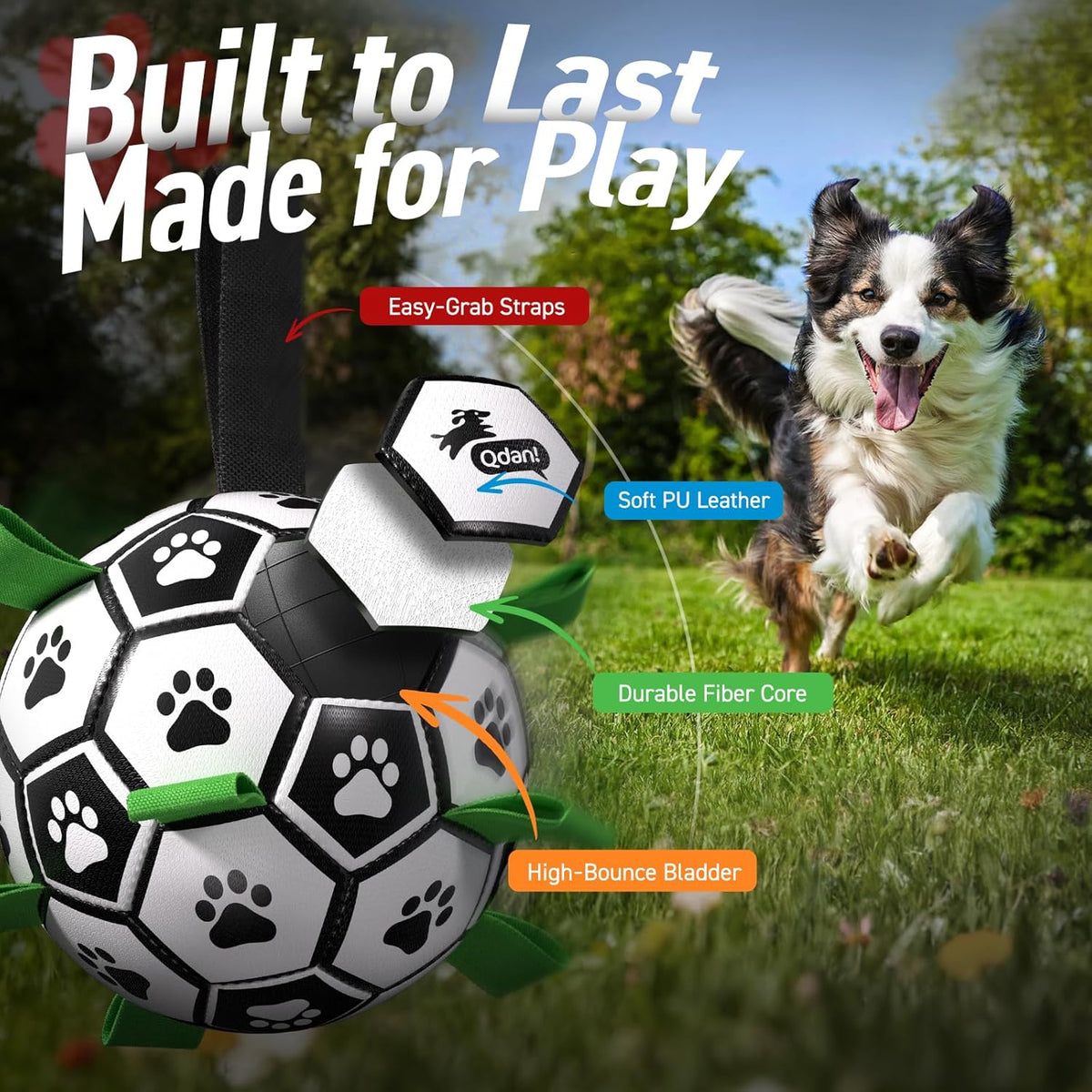 QDAN Dog Toys Dog Balls, 6 Inch Dog Soccer Ball with Straps, Herding Balls