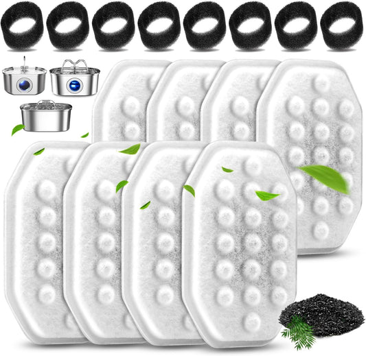 8 Pack Cat Water Fountain Filters with 8 Pack Pre-Filter Sponges Set for 3.2L/108Oz Pet Cat Water Fountain, Pet Fountain Filter Replacement