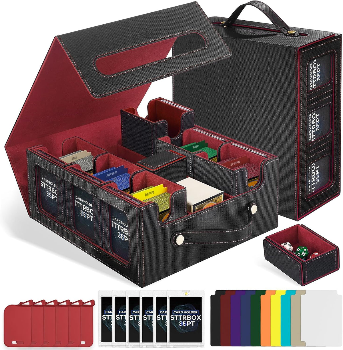 Commander Deck Box with Handle, Trading Card Storage Box for MTG&TCG.7 in 1 MTG Deck Box with 6 Toploaders, 6 Stoppers, 10 Colorful Dividers.(Black& Red, 7 in 1)