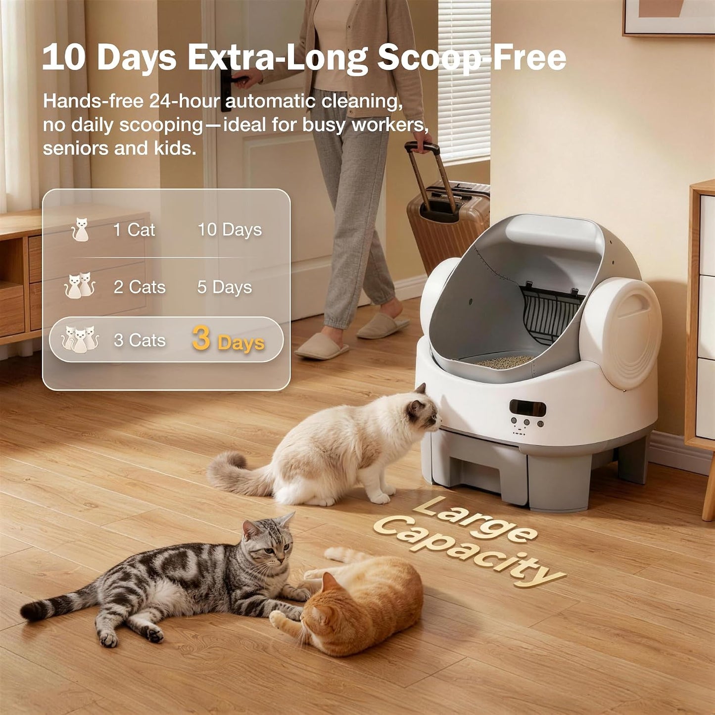 WARCAT Self-Cleaning Cat Litter Box, Open-Top Automatic Litter Box with Child Lock, 10L Large Capacity Waste Drawer, No APP Required, Includes Garbage Bags & Cleaning Mat (Gray)