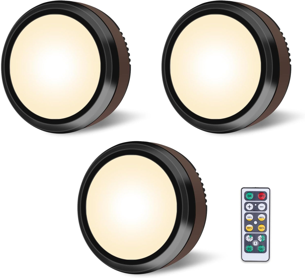 LEASTYLE Puck Lights with Remote, Battery Operated under Cabinet Lighting with Dimmable Timer, Stick-On Closet Light under Counter Lights for Kitchen(3 Pack, Warm White)