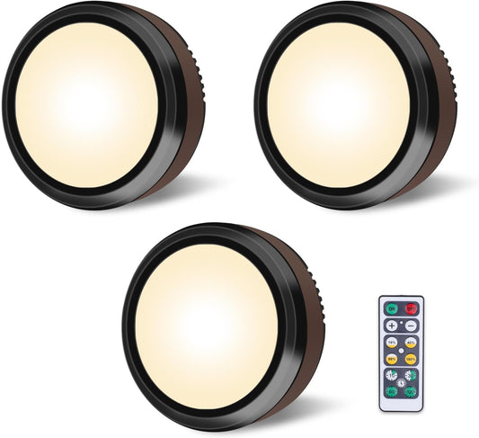 LEASTYLE Puck Lights with Remote, Battery Operated under Cabinet Lighting with Dimmable Timer, Stick-On Closet Light under Counter Lights for Kitchen(3 Pack, Warm White)