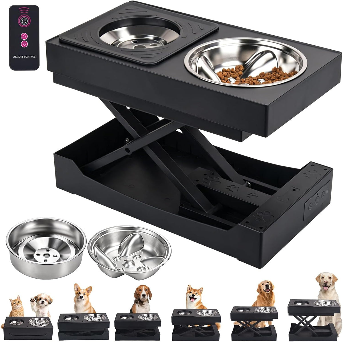 Electric Adjustable Height Dog Bowls Elevated, Electric Raised Dog Bowl Stand with Stainless Steel Slow Feeder Bowl Water Bowl, Standing Lifted Dog Food Dish Stand for Small Medium Large Dogs