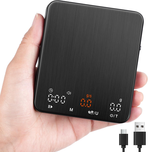 TIPRE Mini Espresso Coffee Scale with Timer & Flow Rate, 2Kg/0.1G Precision Digital Coffee Scale, Portable Espresso Scale Rechargeable via USB-C, Triple Brew Modes, LED Display, Mute Mode, G/Oz/Lb:Oz