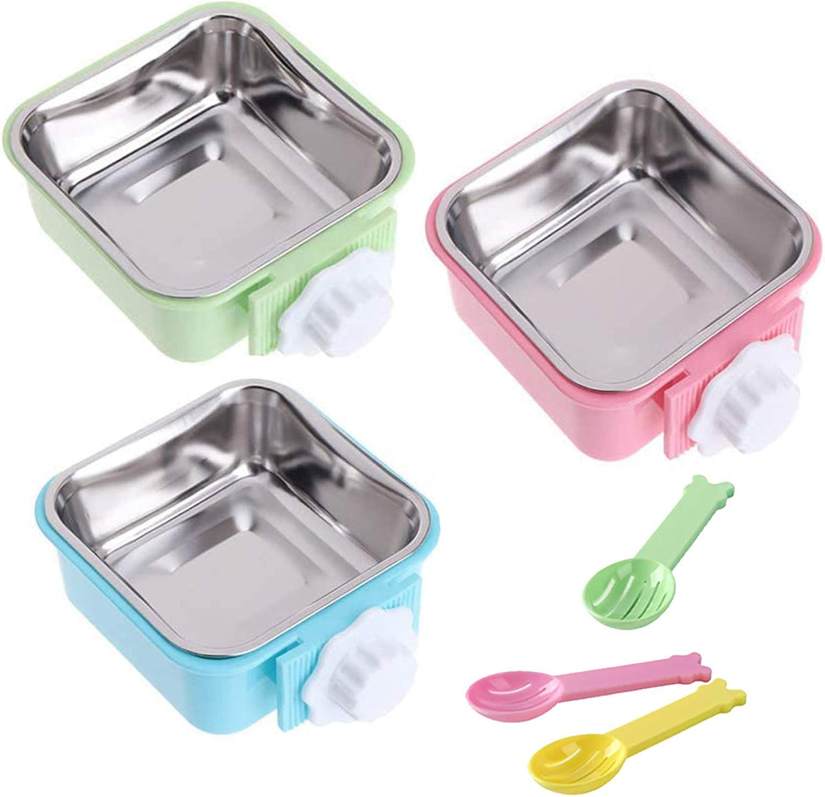 Kathson 3PCS Crate Dog Bowl Hanging Cage Food Bowl Stainless Steel Removable Pet Food Spoon Water Feeder Bowls Coop Cup for Puppy Cat Bird Rabbit