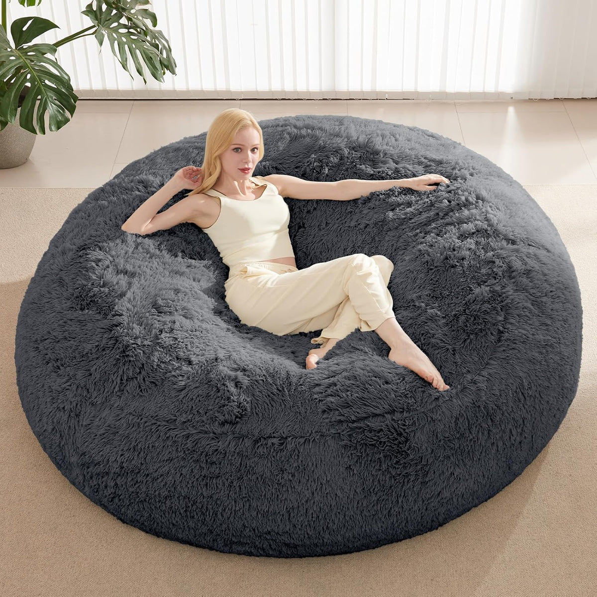 Bean Bag Cover (No Filler), Faux Fur Beanbag Chairs Covers Only, Stuffed Animal Storage Bean Bag, Giant Washable Beanbag Cover without Filling, 7FT, Dark Grey