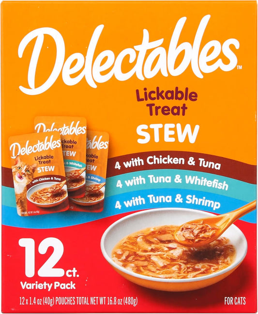 Delectables Lickable Treat Stew Wet Cat Treat Variety Pack, Food Topper, Hydrating, Grain-Free, No Fillers, No By-Products, No Added Preservatives, 1.4Oz Pouch, 12Ct