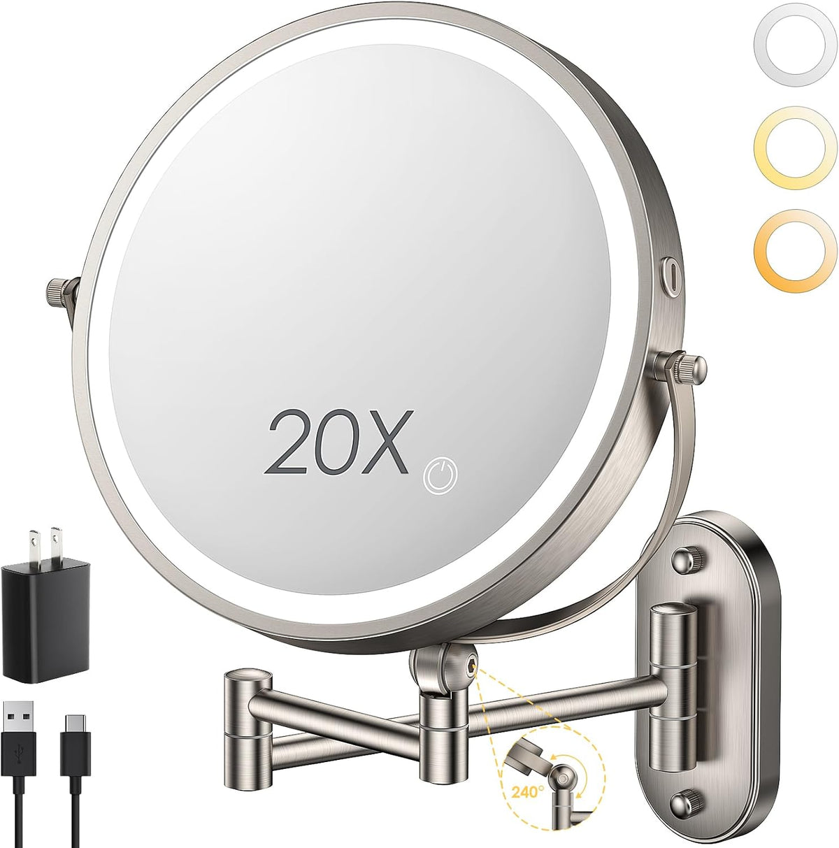 ZLOKLA 9" Wall Mounted Lighted Makeup Mirror,4000Mah Rechargeable Double Sided 1X/20X Magnifying Mirror with Light,Touch Dimmable,Extended Arm 360 Rotation Wall Mounted Makeup Mirror 3 Color Lights-N