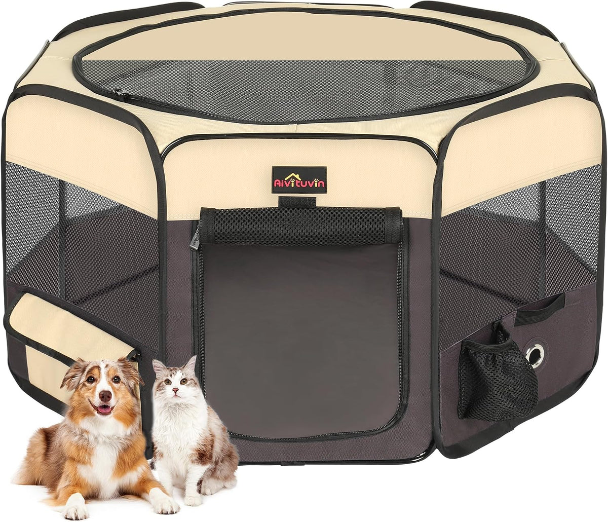 Aivituvin Portable Pet Playpen, Foldable Dog Tent Crate Cage for Puppies and Cats, Exercise Pop up Dog Kennel with Carrying Case Indoor Outdoor, Waterproof and Zipper Top Cover Door, Brown