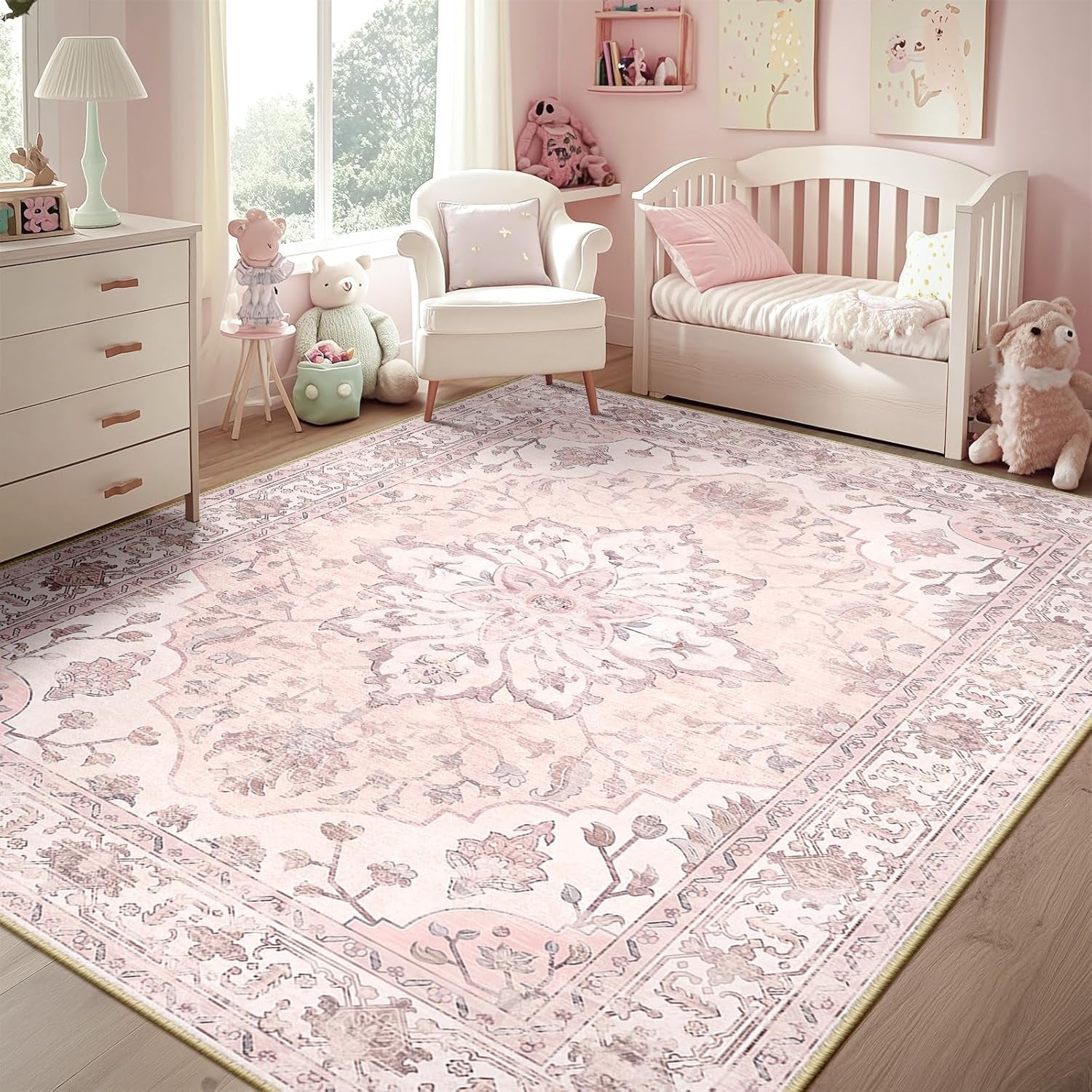 RELEANY Area Rugs 5'X7' Washable Non-Slip, Floral Vintage Distress Print Pattern Medallion Carpet for Living Room Bedroom Dining Room, Pink Greypink Cute