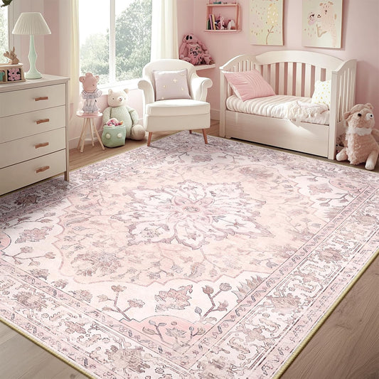 RELEANY Area Rugs 5'X7' Washable Non-Slip, Floral Vintage Distress Print Pattern Medallion Carpet for Living Room Bedroom Dining Room, Pink Greypink Cute