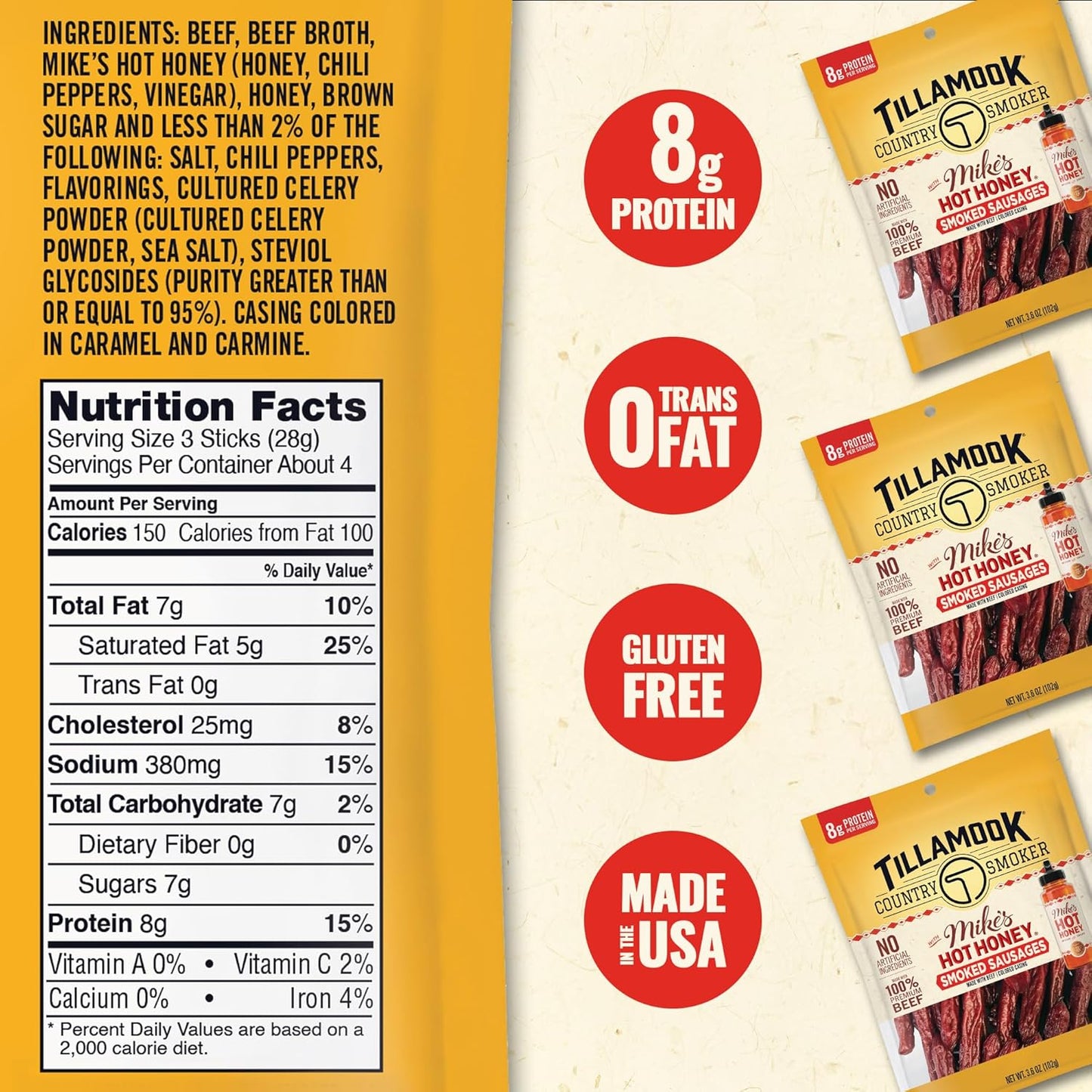 Tillamook Country Smoker 100% Premium Beef Smoked Sausage, Mike'S Hot Honey, 3.6 Ounce, Real Hardwood Smoked Sausages, Low Carb, High Protein, Ready to Eat Sweet & Spicy Snack
