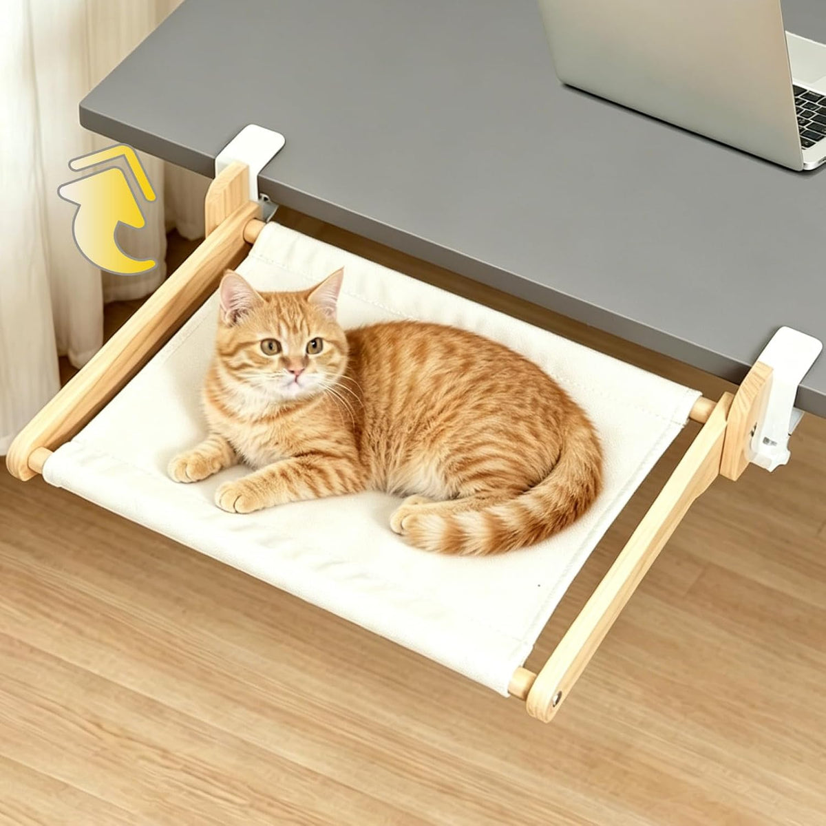 Cat Desk Bed Foldable Wood Cat Bed for Desk with 2 Hammocks and 2 Clamps