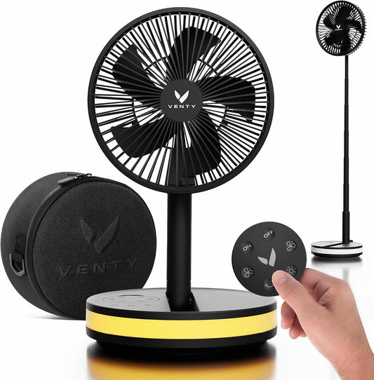 VENTY Portable Fan - Wireless Battery Operated Fan - 4 Speeds - LED Lighting - Carry Case & Remote Control - Cruise Travel - Outdoor Travel RV Power Bank with USB-C Port (Black with Case)
