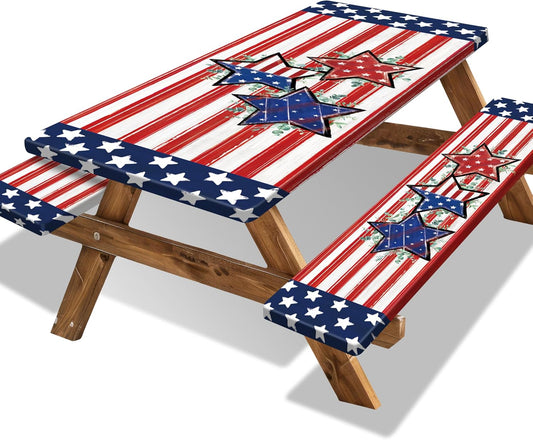 American Flag Picnic Table Cover with Bench Covers Camping Essentials Rectangle Fitted Tablecloth with Elastic Waterproof Outdoor Table Cloth for RV Picnic Travel