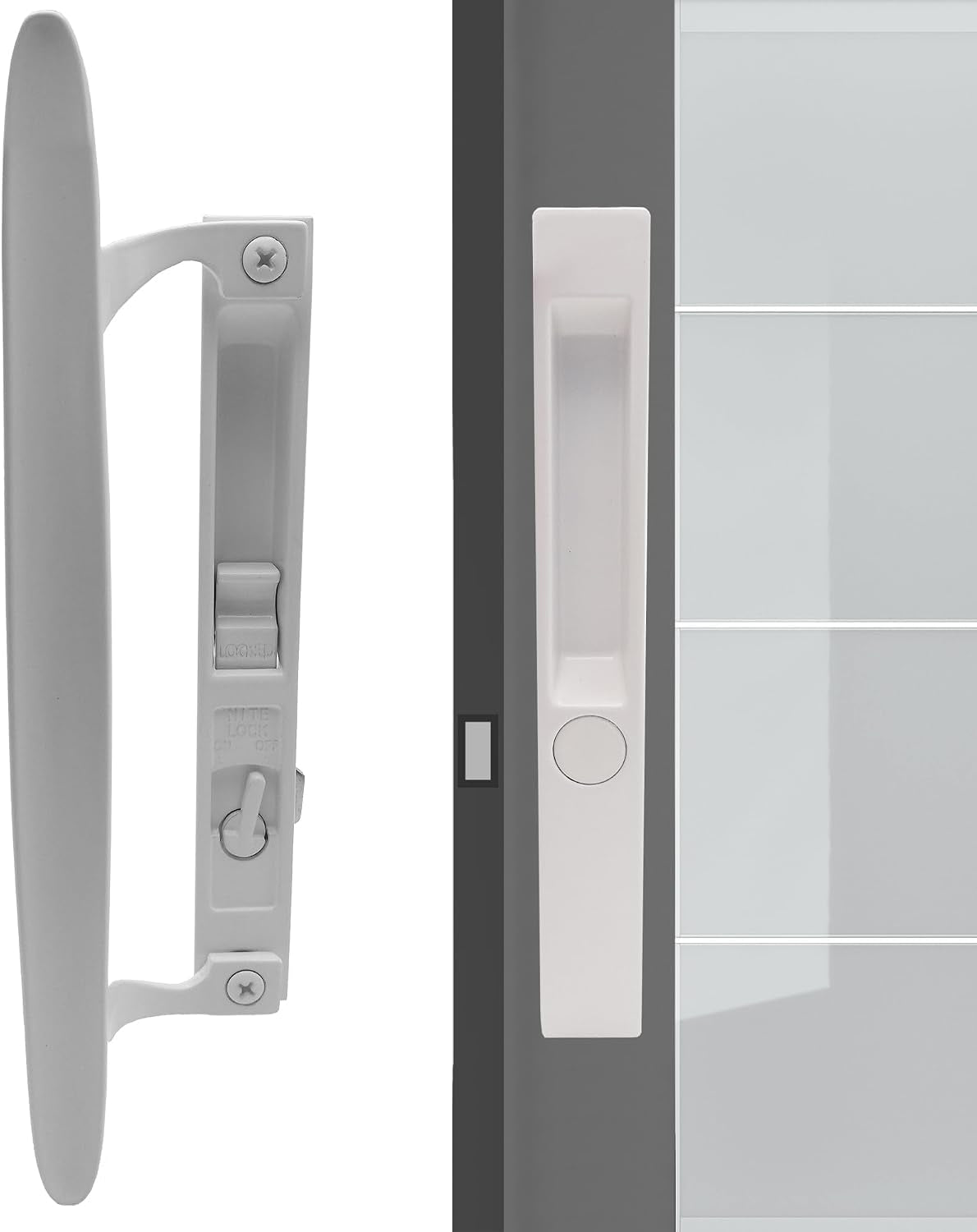 ACEPLANET Flush Mount Non-Keyed Sliding Glass Door Handleset, 6-5/8" H.C., Fits 1" to 1-1/8" Thick Doors, Features Night Lock & Hook Latch, Non-Handed, White Diecast
