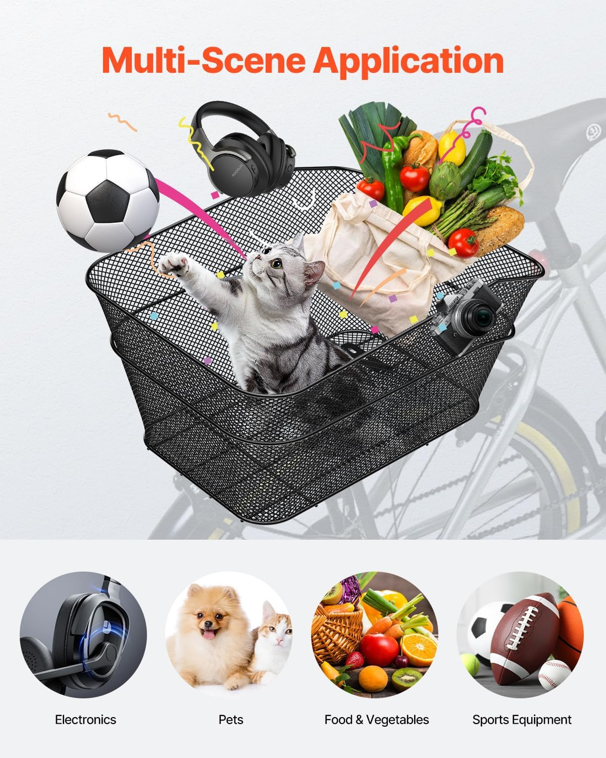VEVOR Rear Bike Basket, Wire Mesh Bicycle Basket with Cargo Net & Waterproof Cover, Durable Metal Bike Back Basket, Fits Most Rear Bike Racks, Mounting Tools Included