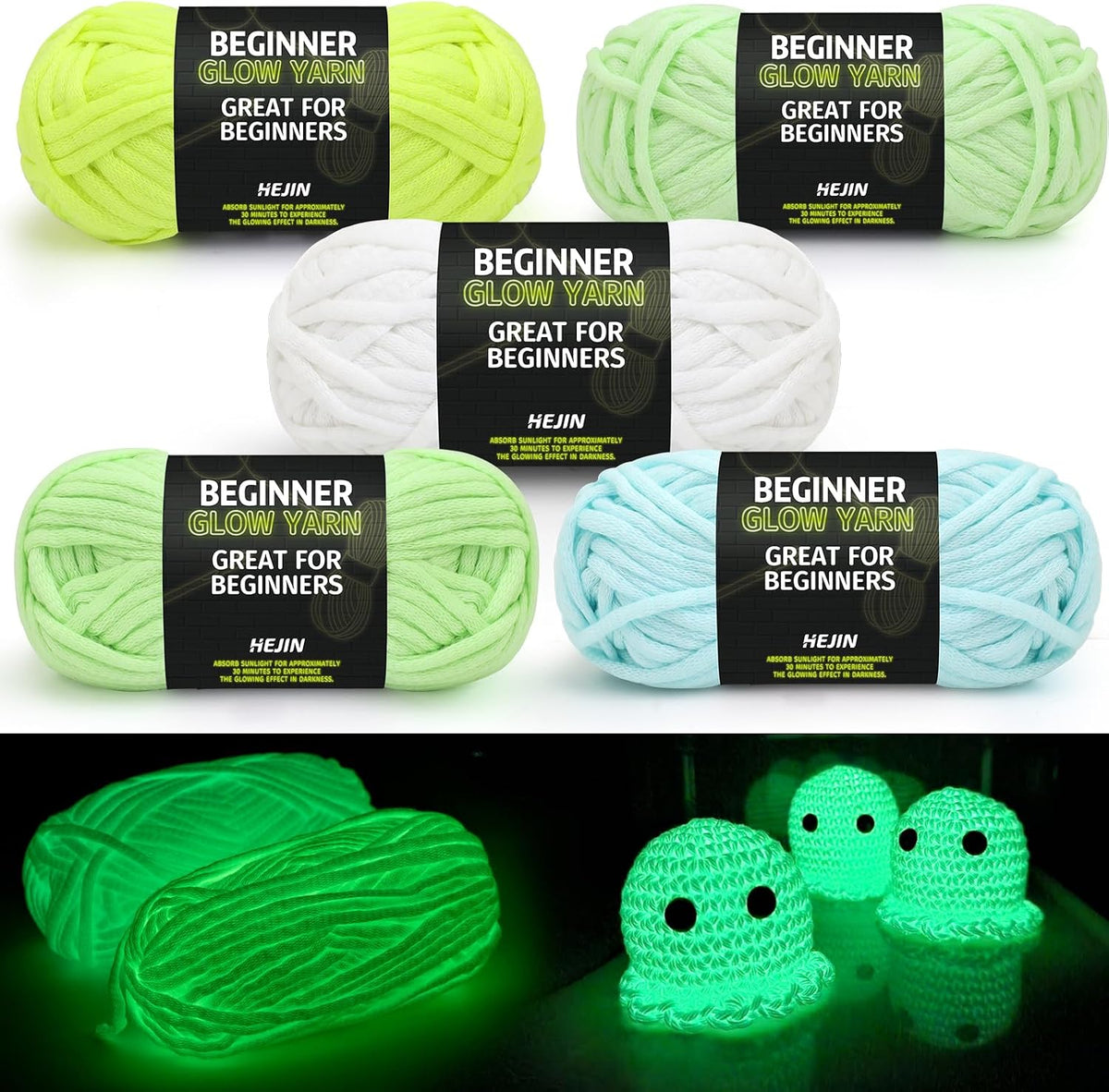 5X50G Glow in the Dark Yarn Set for Crocheting and Knitting; 5X51M (60Yds) Yarn for Beginners with Easy-To-See Stitches; Worsted-Weight Medium #4; Beginners Crochet Kit