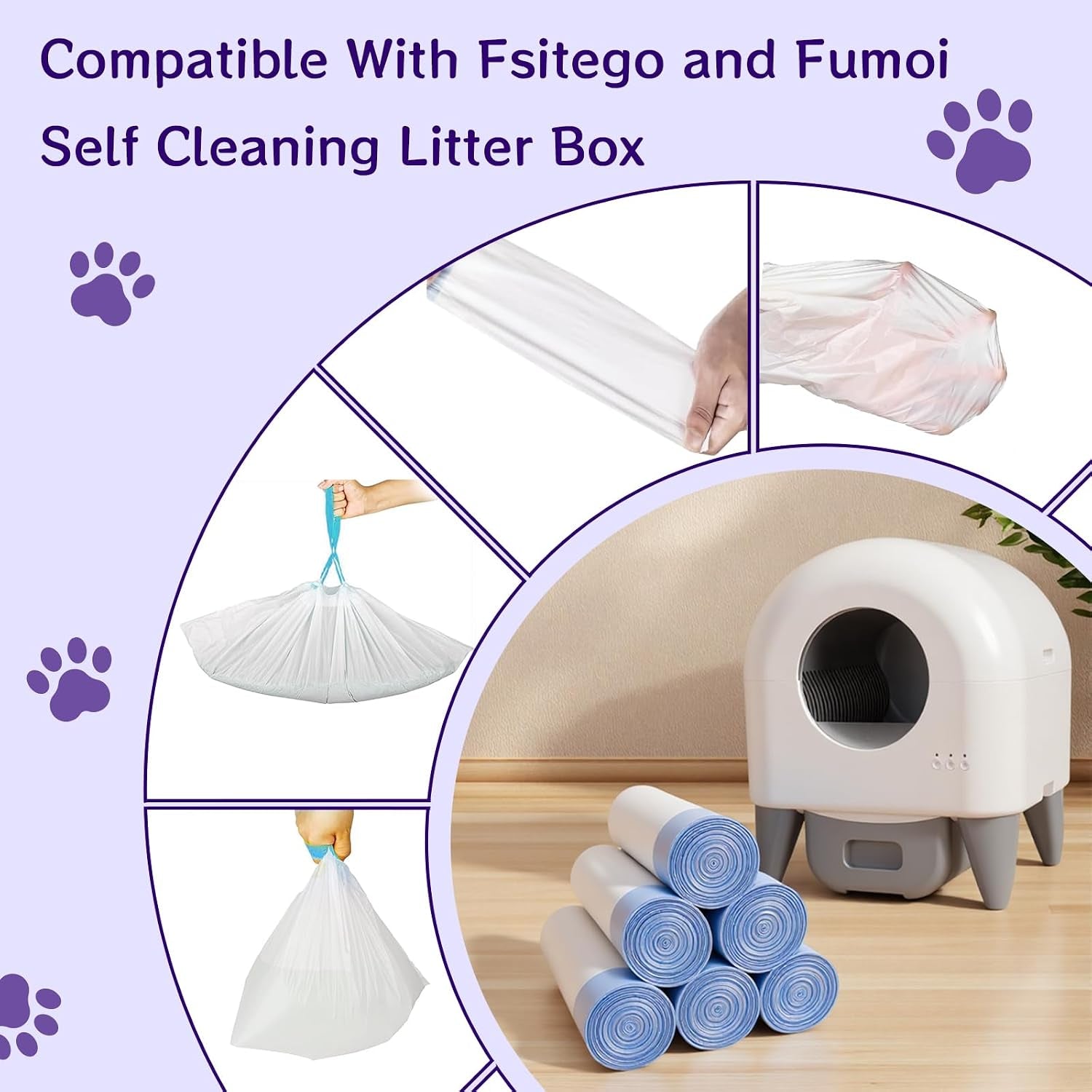 120 Count 26" X 11.8" Automatic Cat Litter Box Bags Compatible with Cmg Fmo Fstg Robot Litter Box, Thick Self-Cleaning Cat Litter Box Replacement Liners with Drawstring Heavy Duty