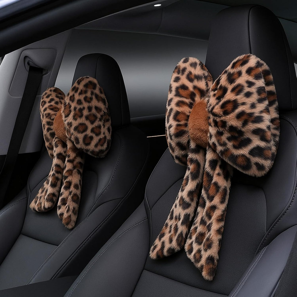 Macarrie 2 Pcs Leopard Car Neck Pillow Bow, Plush Brown