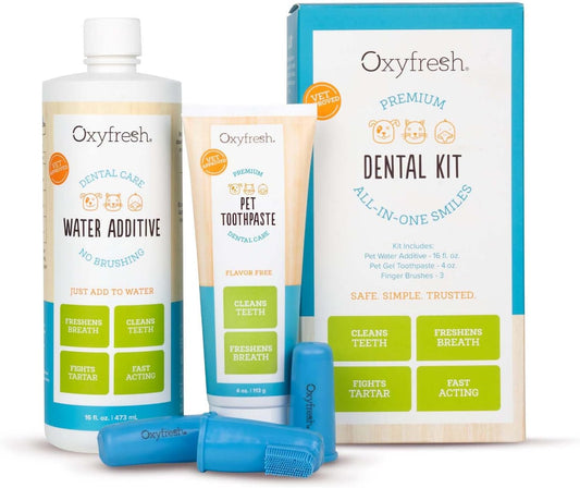Oxyfresh Premium Pet Dental Kit for Dogs & Cats – Easiest Breath Freshener & Teeth Cleaning Solution for Fresh Breath, Clean Teeth, Plaque & Tartar Control – 4Oz Toothpaste + 16Oz Water Additive