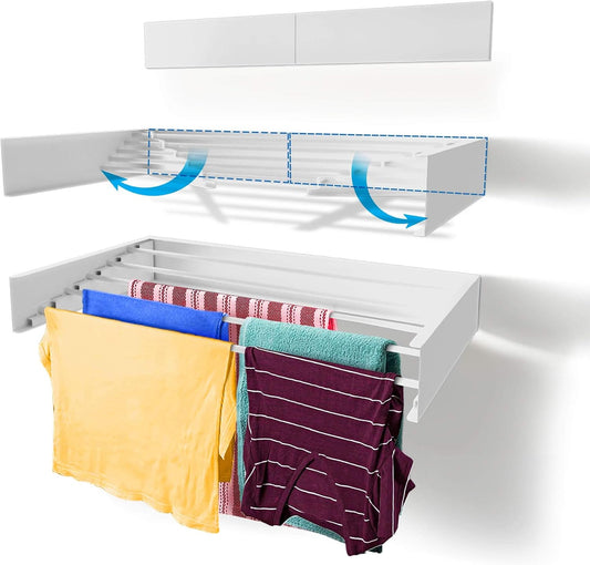 Step up Laundry Drying Rack (28-INCH White), Wall Mounted, Retractable Clothes Drying Rack, 40Lbs Capacity, 11.6 Linear Ft, with Wall Template and Long Screwdriver Bit