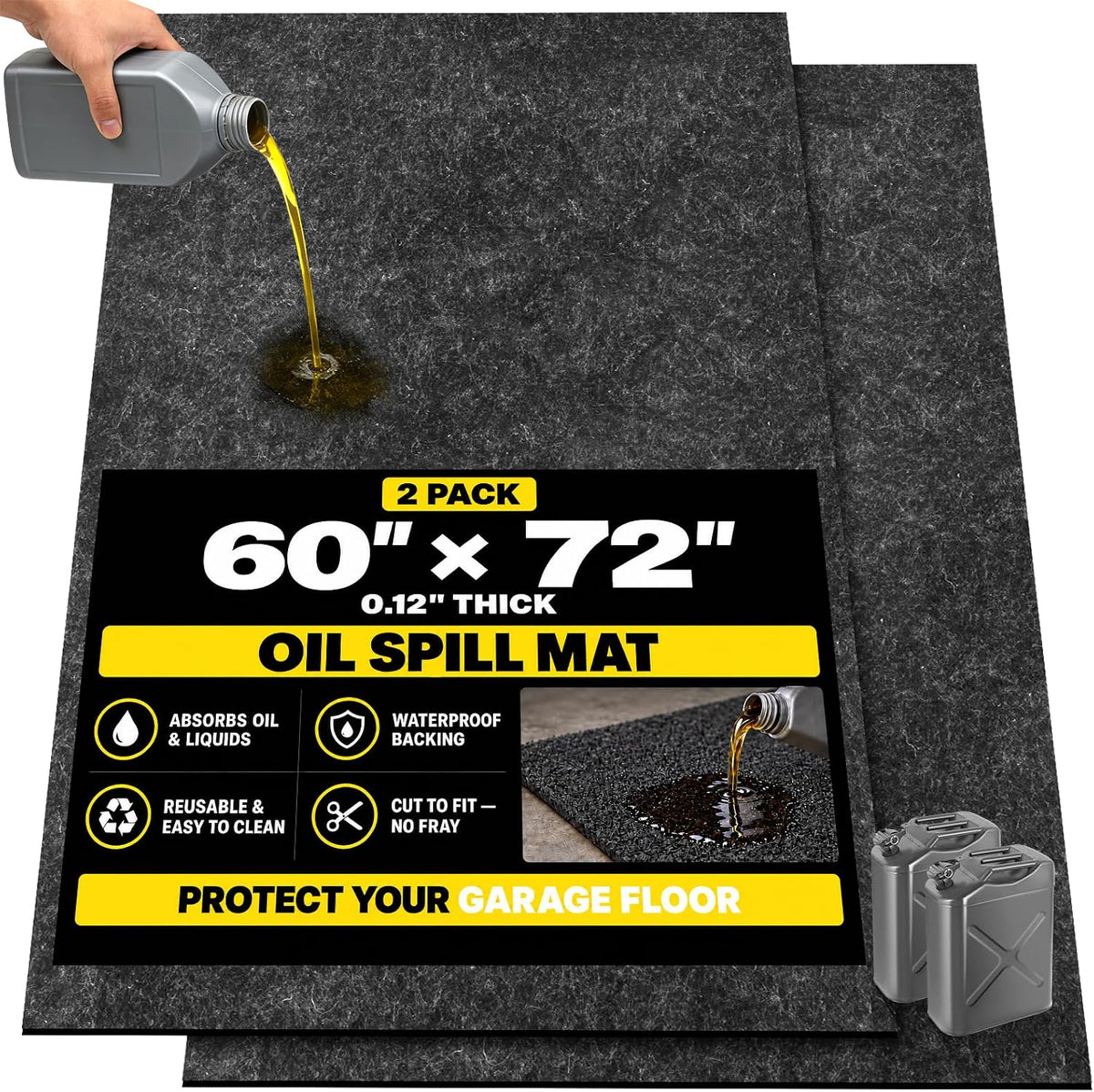 2 Pack 72" X 60" 0.12" Thick Oil Spill Mat Garage Rubber Mats for Floor – Black Water & Oil-Absorbent, Non-Slip, Easy to Clean, Reusable & Cut-To-Fit Mat for Oil Pan, Car, Motorcycle, Driveway