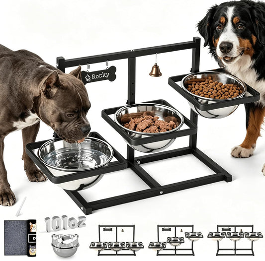 Extra Large Elevated Dog Bowl Stand for Multiple Dogs – 6 Height Adjustable Raised Stand with 3×101Oz Stainless Steel Bowls & Non-Slip Mat for Xlarge Breeds
