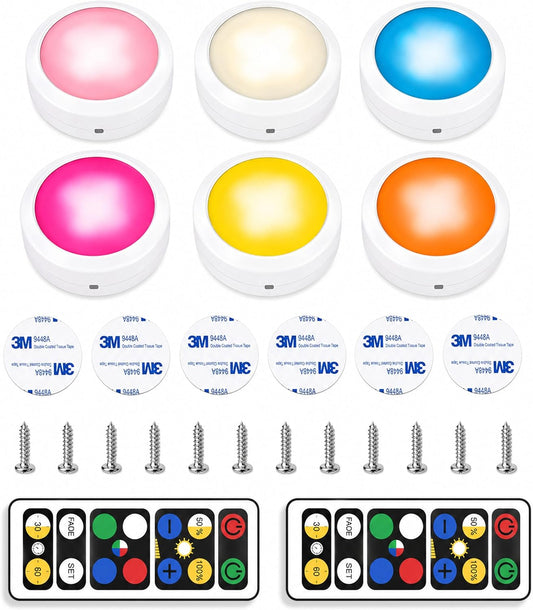 Brilliant Evolution 6-Pack Wireless RGB LED Lights - Battery Operated Puck Lights with 2 Remotes - Color-Changing LED under Cabinet Lighting - 55 Lumens Each Night Light for Cabinets, Shelves, Walls