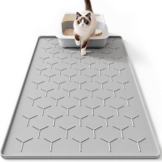 Silicone Cat Litter Mat, 22"X34", Raised Edge Waterproof, Grey