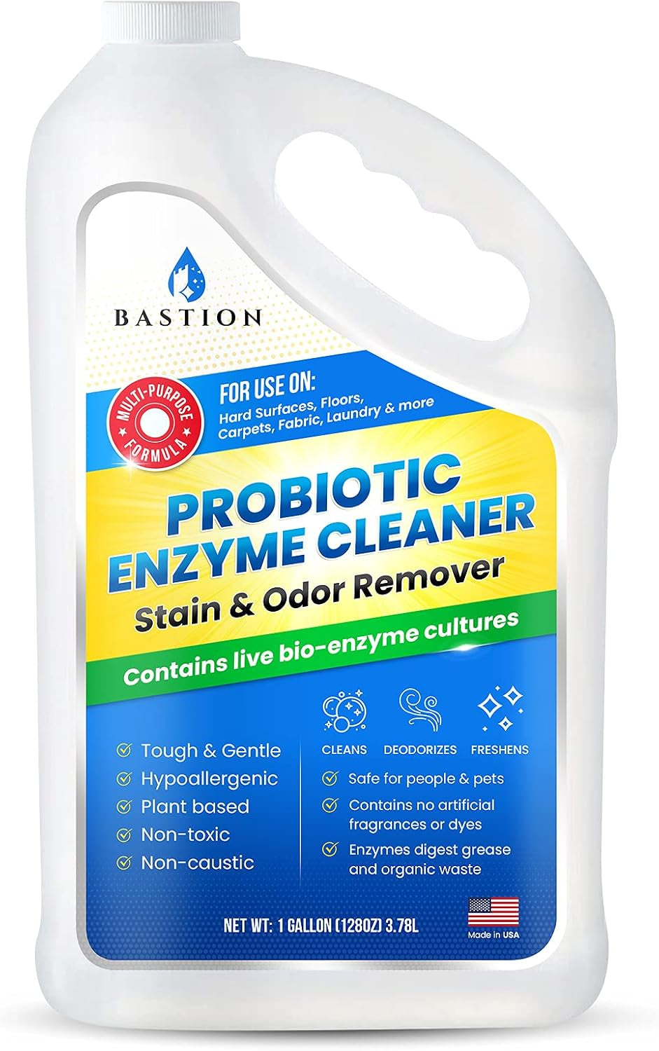 Bastion Probiotic Enzyme Cleaner - Professional Strength Solution -One Gallon- Natural Bio-Enzymatic Stain & Odor Remover - No Rinse Formula - Dye Free (Packaging May Vary)