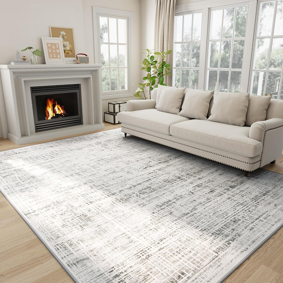 8X10 Washable Area Rug for Living Room Bedroom: Non-Slip Modern White Gray