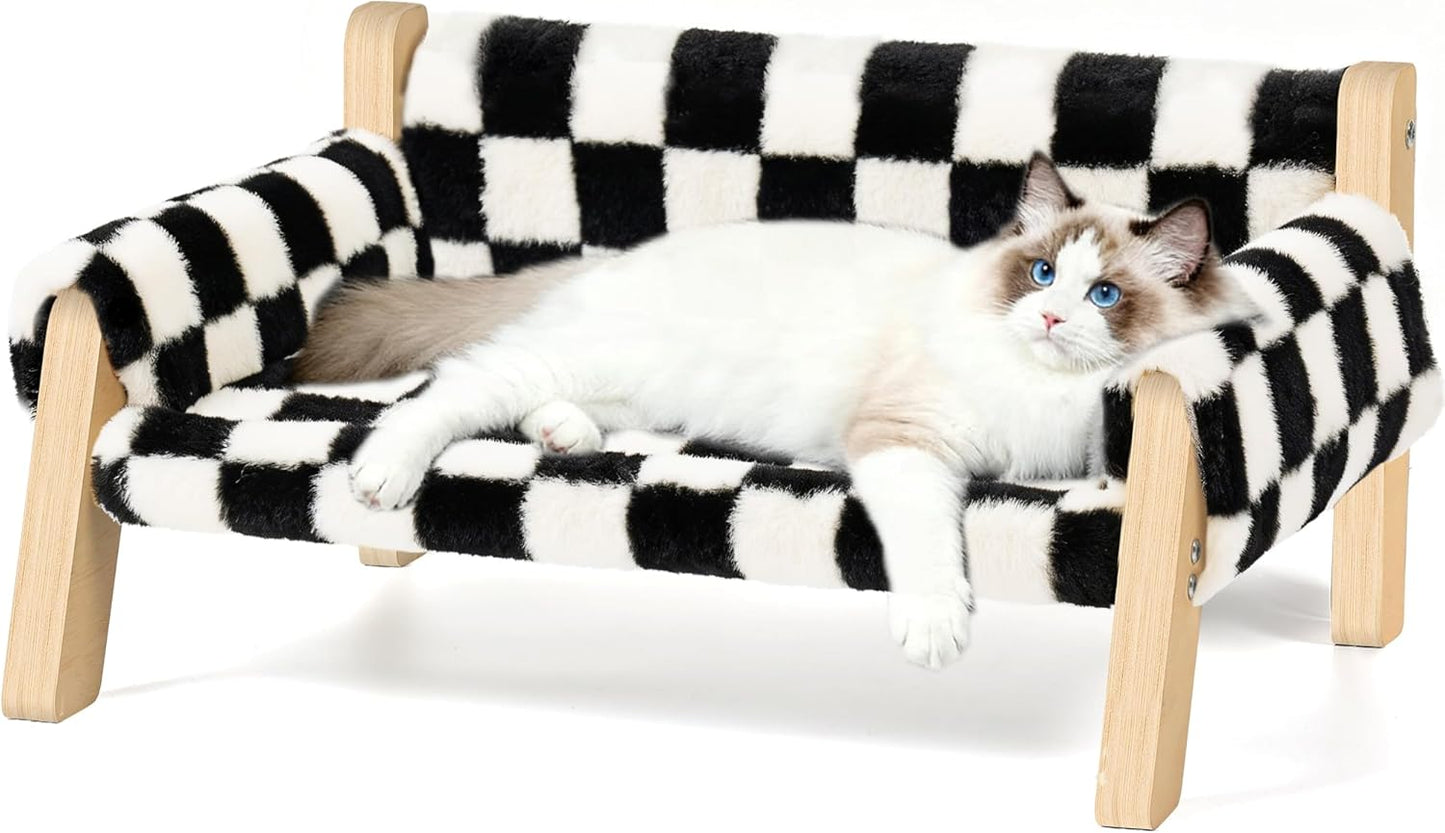 FAMIDGE Elevated Cat Couch Bed for Indoor Cats - Wooden Pet Sofa with Removable Washable Thick Cover Raised Kitty Lounge Chair Suitable for Puppy or Small Animals(Cat Sofa Chessboard)