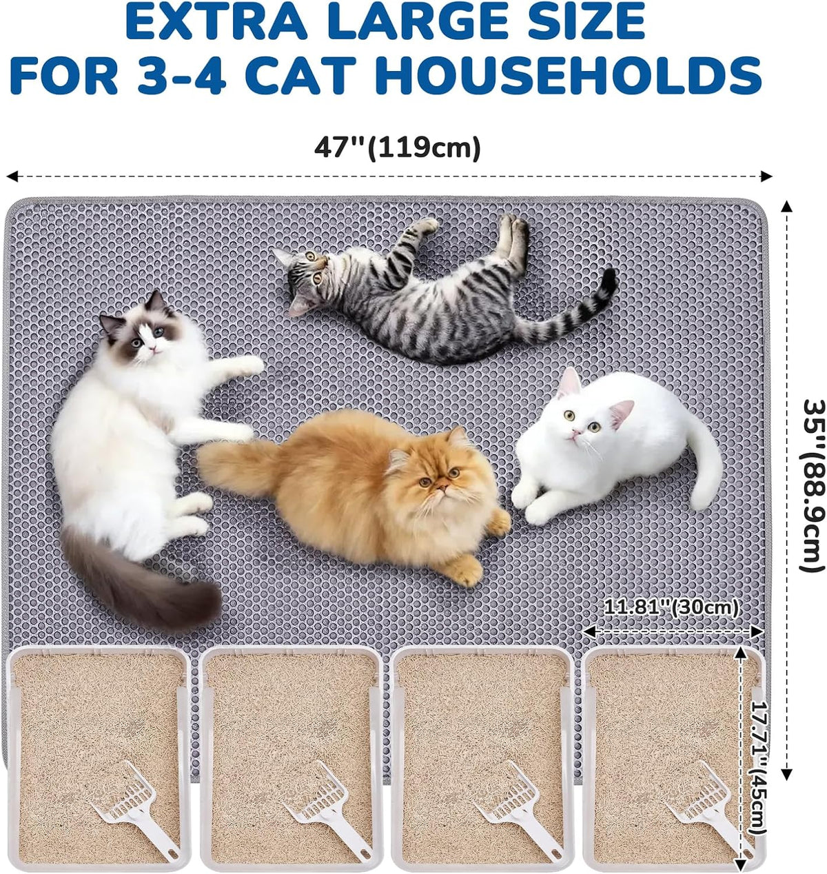 Burgeonnest Cat Litter Mat 47" X 35" XL, Washable Urine-Proof Non-Slip Gray