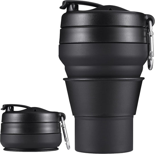 Collapsible Cup for Traveling, 20 OZ 600Ml Large Silicone Folding Camping Mug, Leak Proof BPA Free Portable Reusable Bottle for Coffee, Tea, Water, Camping, Hiking, Outdoor (Black)