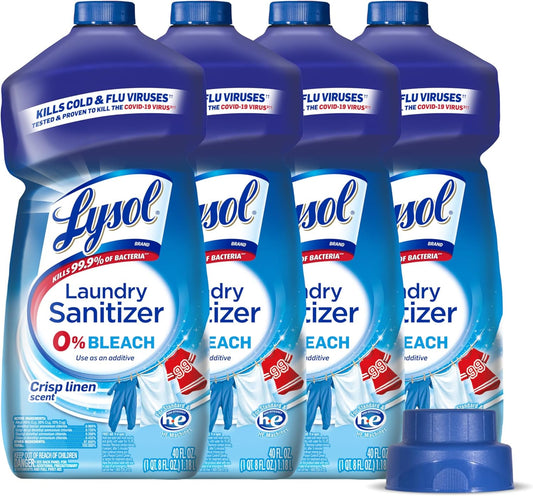 Lysol Disinfectant Laundry Sanitizer, Laundry Detergent Additive, Color Safe Bleach Alternative, Laundry Odor Eliminator, Kills Bacteria & Viruses, Crisp Linen Scent, 40 Fl Oz (Pack of 4)