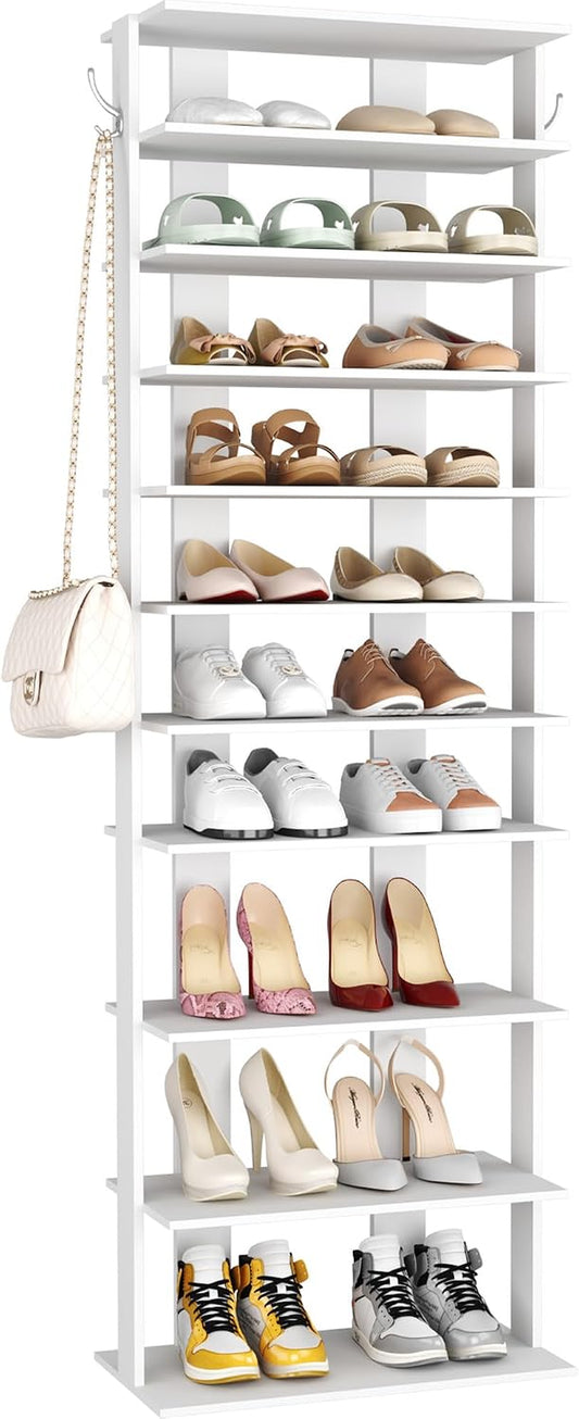 HOMEFORT 10-Tier Corner Shoe Tower - Double Rows, Slim Shoe Stand for 20 Pairs - Entryway, Hallway, Closet (White)
