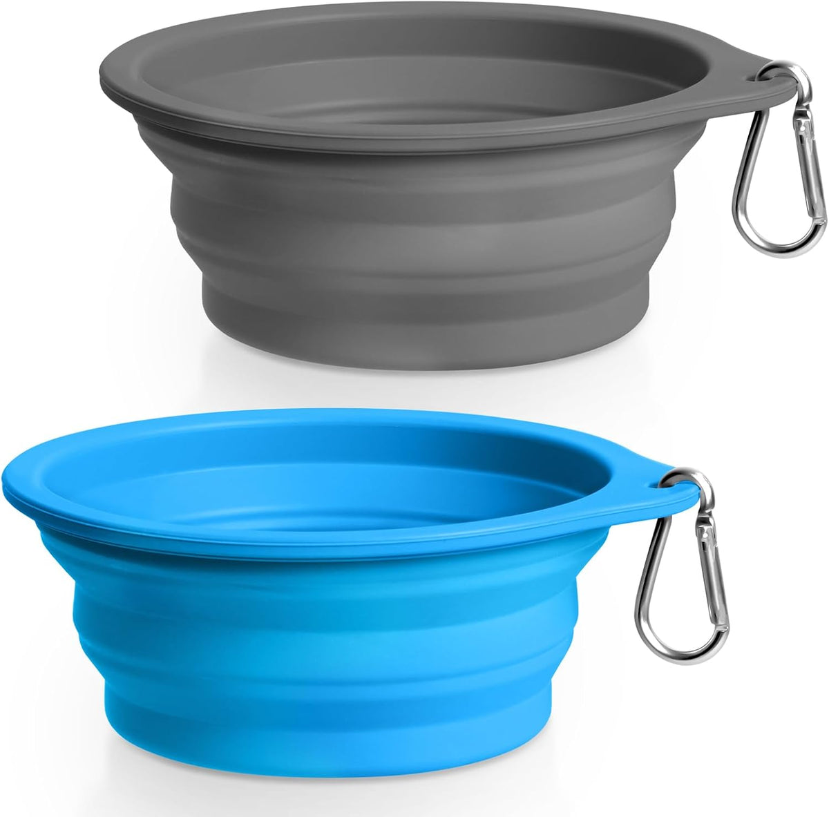 2-Pack Silicone Collapsible Dog Bowls, BPA Free Dishwasher Safe, Portable Foldable Travel Bowl, Food Water Feeding Cup Dish for Dogs Cats with 2 Carabiners (Grey, Blue, 600 ML)