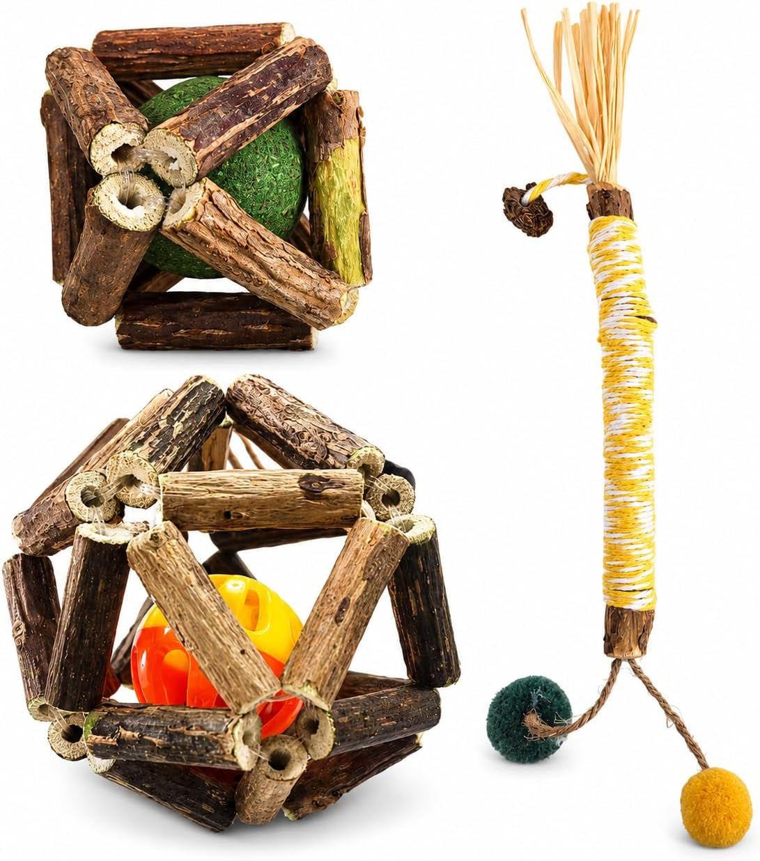3 Pack Cat Toy Set, Catnip Vine Ball, Bell Vine Ball and Raffia Chew Stick, Natural Interactive Cat Chew Toys for Indoor Cats, Kitten Teething, Licking, Batting, Chasing, Pouncing, Boredom Relief Fun