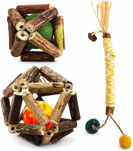 3 Pack Cat Toy Set, Catnip Vine Ball, Bell Vine Ball and Raffia Chew Stick, Natural Interactive Cat Chew Toys for Indoor Cats, Kitten Teething, Licking, Batting, Chasing, Pouncing, Boredom Relief Fun